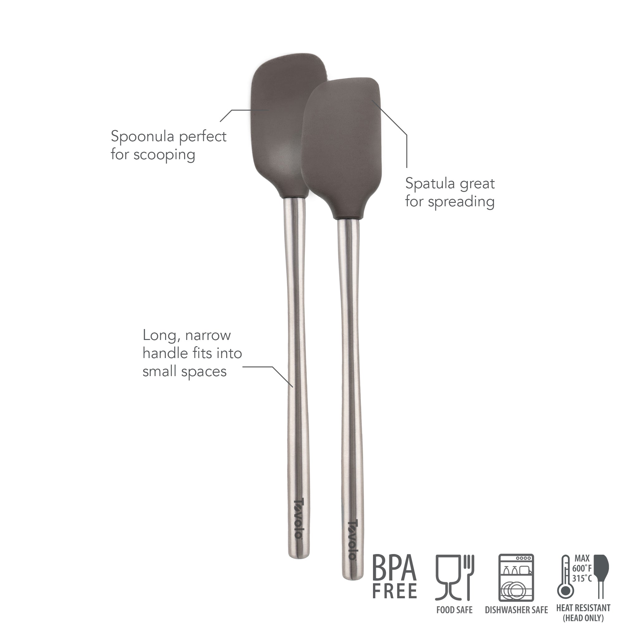 The tovolo Flex-Core Mini Spatula + Spoonula with stainless steel handles are BPA free, food safe, dishwasher safe, and heat resistant—ideal for any kitchen tasks like scooping or spreading.