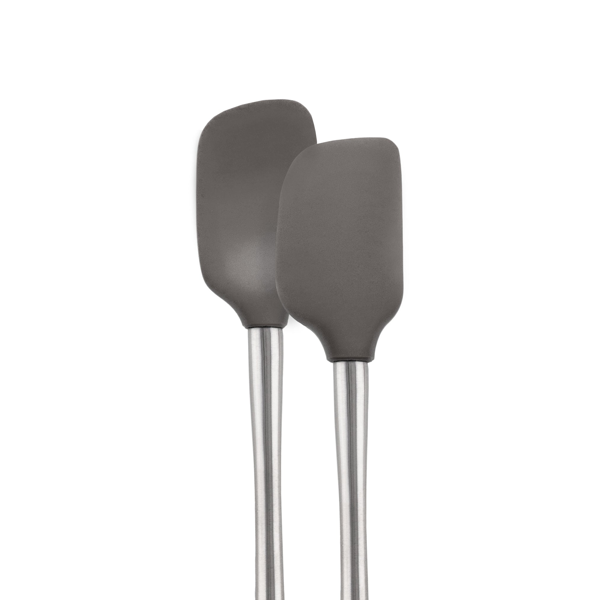 The tovolo Flex-Core Mini Spatula + Spoonula with Stainless Steel Handle in gray are side by side against a white background, featuring classic silicone designs ideal for mixing and scooping.