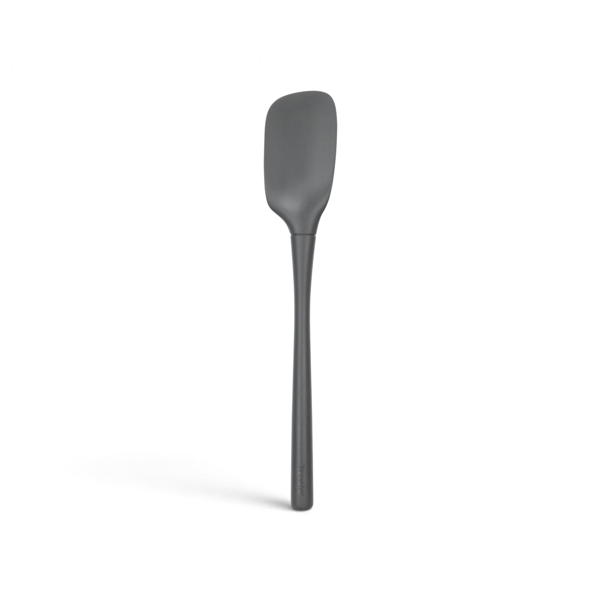 The tovolo Flex-Core Silicone Spoonula features a gray, long-handle design with a rectangular, slightly curved blade—ideal for mixing and scooping. Shown against a white background.