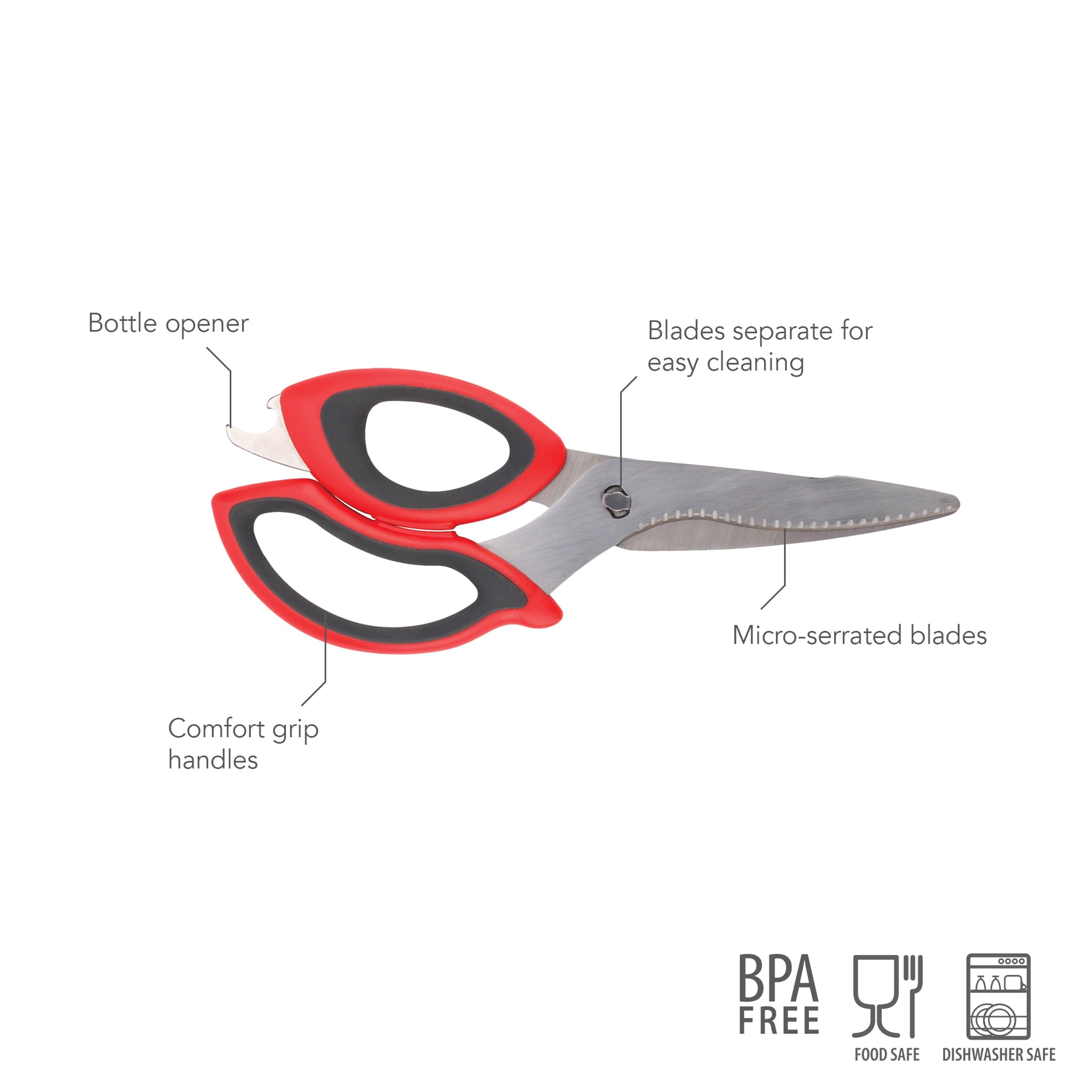 Tovolo Kitchen Shears feature red and black ergonomic handles, micro-serrated blades, a built-in bottle opener, and labeled blades that separate for easy cleaning. BPA-free, food-safe, and dishwasher-safe.