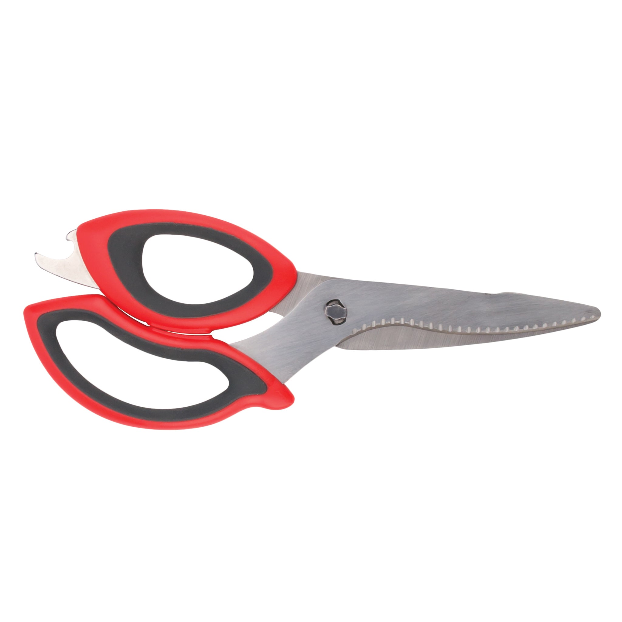 The tovolo Kitchen Shears feature red and black ergonomic handles, stainless steel blades with a serrated edge, and a built-in bottle opener near the handle. They are shown against a white background.