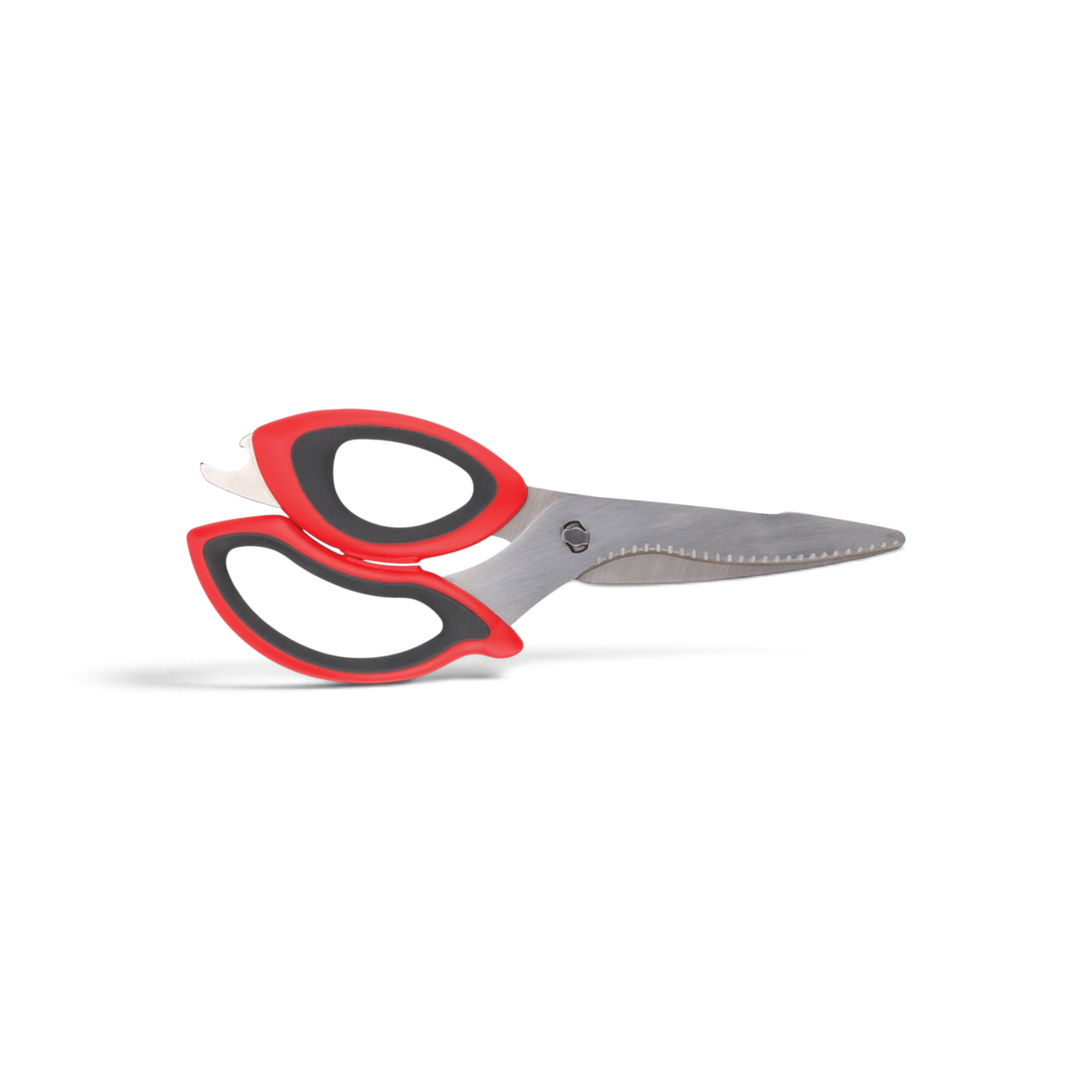 The tovolo Kitchen Shears feature red and black ergonomic handles, stainless steel blades with a serrated edge, and a built-in bottle opener near the handle. They are shown against a white background.