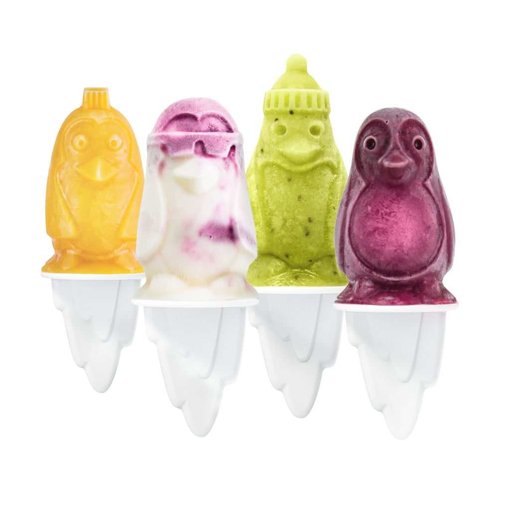 The Penguin Pop Molds set features four vibrant, penguin-shaped popsicle molds with unique expressions, each on a white base—perfect for making playful homemade frozen treats.