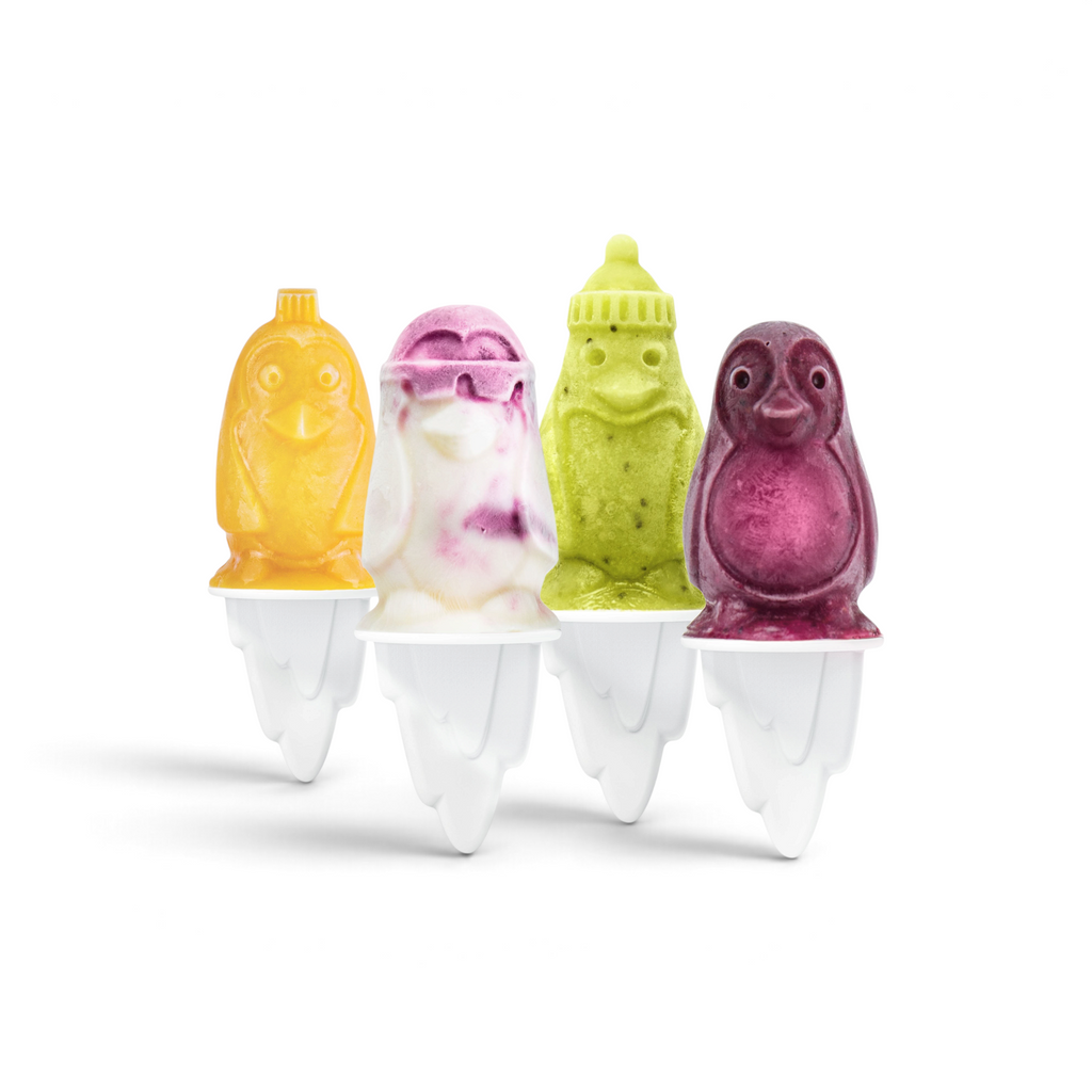 The Penguin Pop Molds set features four vibrant, penguin-shaped popsicle molds with unique expressions, each on a white base—perfect for making playful homemade frozen treats.