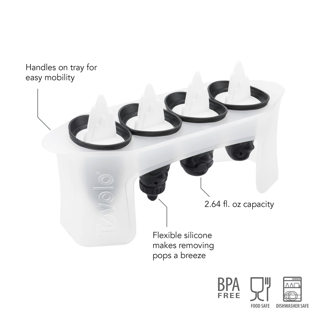 Penguin Pop Molds: A slim tray with four BPA-free silicone molds shaped like penguins. Each mold holds 2.64 fl. oz., features handles for easy carrying, is flexible for simple pop removal, and is food safe and dishwasher safe—perfect for homemade frozen treats.