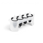 The Penguin Pop Molds is a white plastic tray with four slots, each featuring a black and white handle shaped like a penguin fin. Slim and perfect for homemade frozen treats, it has the Tovolo name embossed on the side.