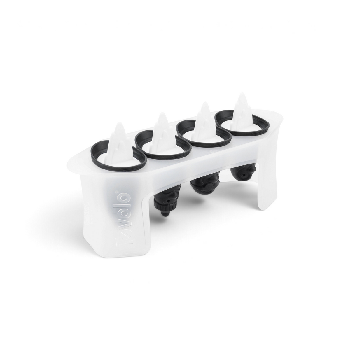 The Penguin Pop Molds is a white plastic tray with four slots, each featuring a black and white handle shaped like a penguin fin. Slim and perfect for homemade frozen treats, it has the Tovolo name embossed on the side.