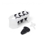 The Penguin Pop Molds set features a slimline tray holding four black and white molds shaped like penguins, with one mold removed and its white stick beside it—ideal for crafting homemade frozen treats.