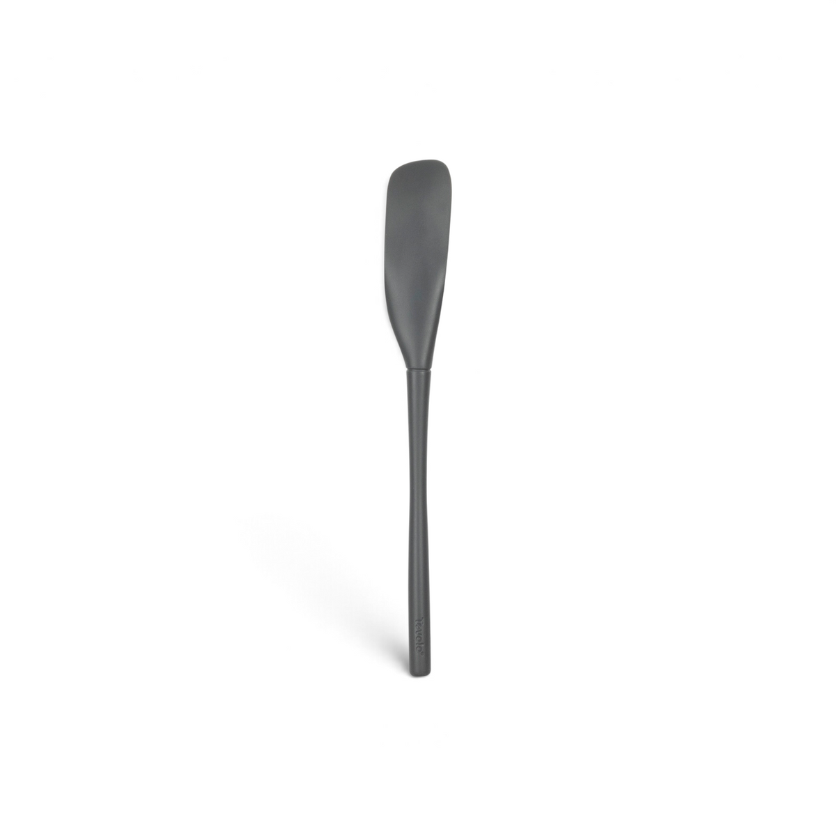 The tovolo Flex-Core Silicone Jar Scraper, with its long black handle and narrow flexible blade, is perfect for scraping jars; pictured here against a white background.