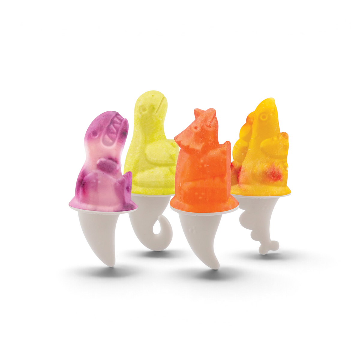 Create perfect homemade frozen treats with Pop Molds—four colorful dinosaur-shaped popsicles (purple, yellow, orange, and yellow-red), each on a white, curved stick designed like a dinosaur tail.