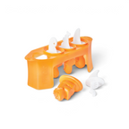 The Pop Molds set features an orange slimline tray with three molds: a shark fin, a tail, and a dinosaur head, all with white handles. One dinosaur-shaped mold is removed and shown in front—great for homemade frozen treats.