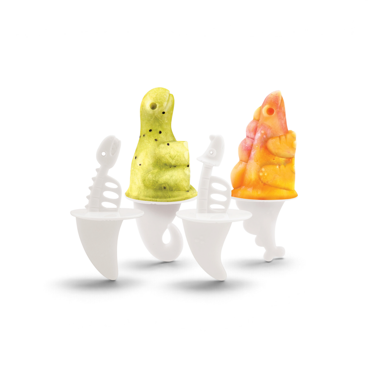 Pop Molds create vibrant seal, fish, and fish skeleton-shaped popsicles on white sticks resembling fish bones and tails—ideal for homemade frozen treats in playful yellow-green and orange-pink colors.