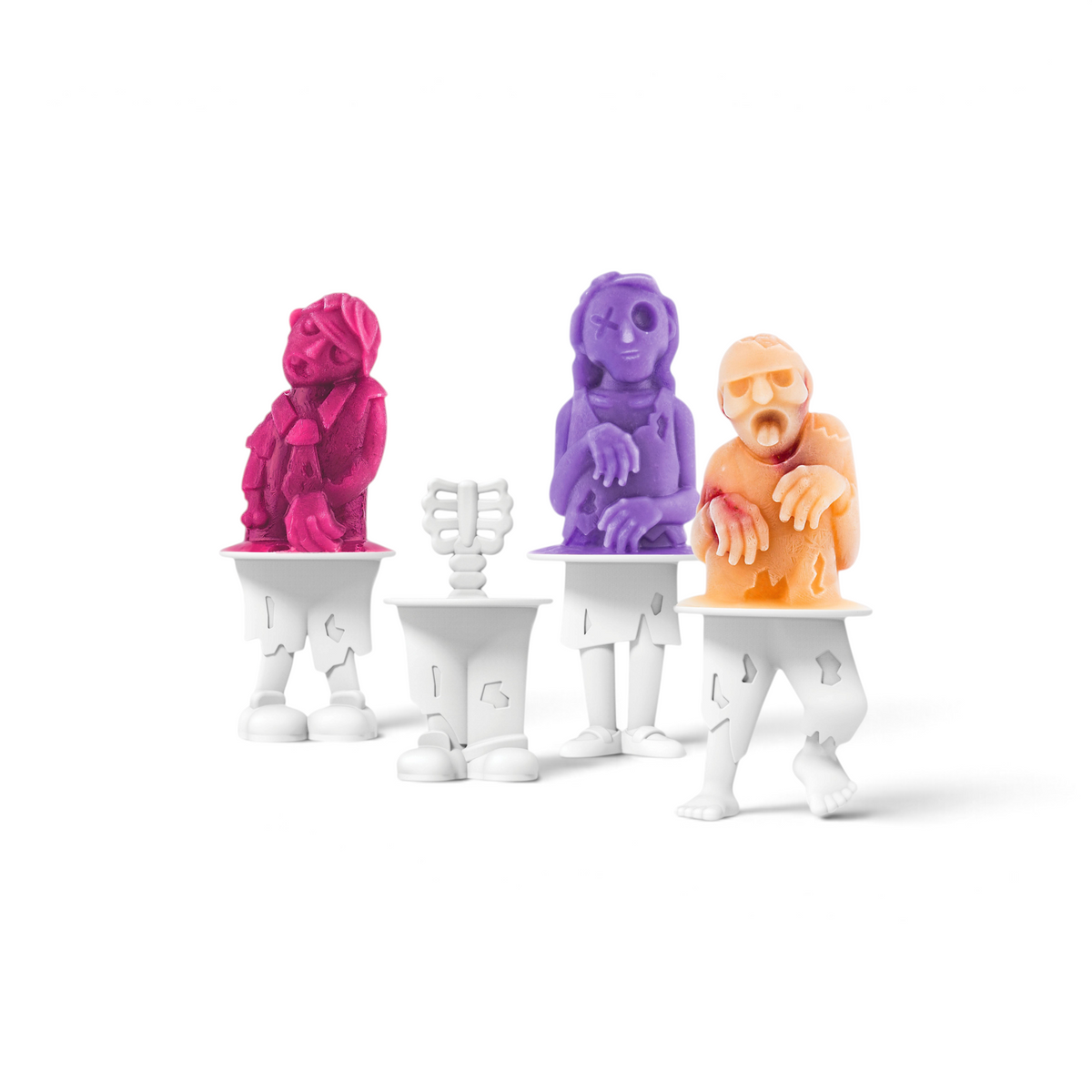Three vibrant zombie-shaped frozen treats—red, purple, and orange—stand upright in Pop Molds white popsicle molds. An empty mold is placed in the slimline tray at the center.