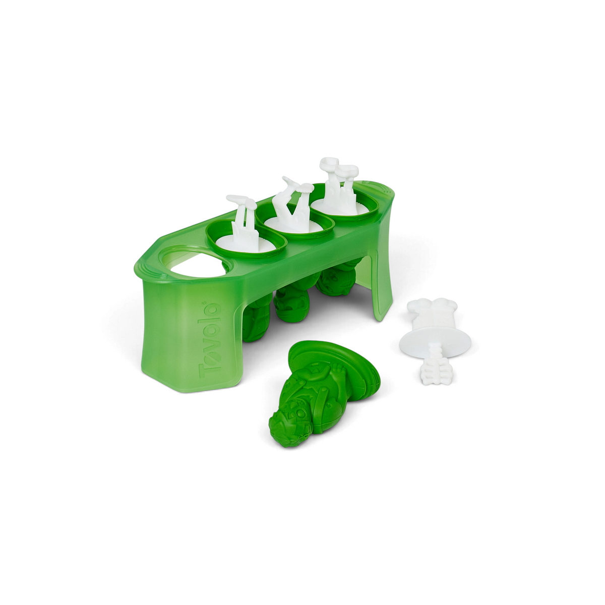 Pop Molds features a green tray with three character-shaped slots, each holding a white stick. One popsicle is removed, showing a detailed green superhero head and torso. Perfect for homemade treats, this mold is labeled Tovolo.