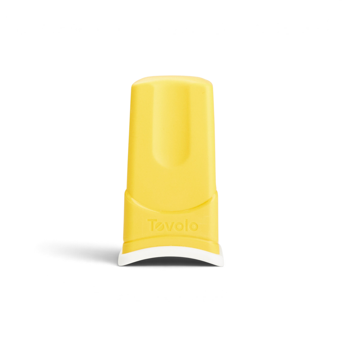 A yellow Butter Sleeve with a white base stands upright. "Tovolo" is embossed on the front, and its design resembles a mess-free butter applicator for easy, tidy use.