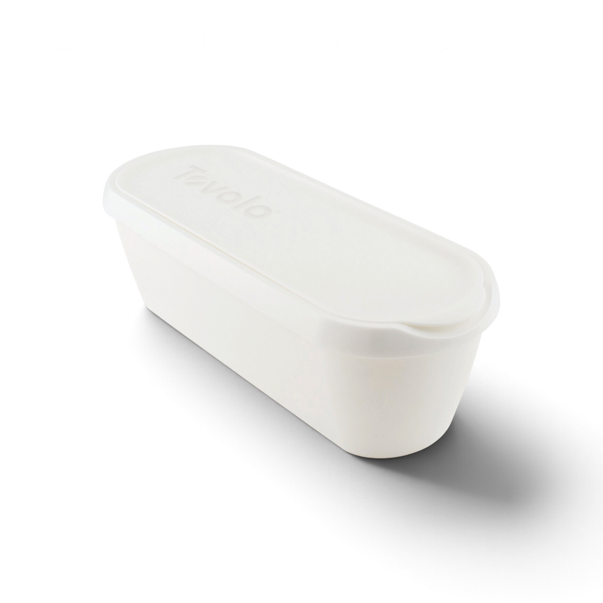 The Glide-A-Scoop Ice Cream Tub is a white, rectangular container with rounded edges, a fitted lid, and the Tovolo brand name embossed on top.