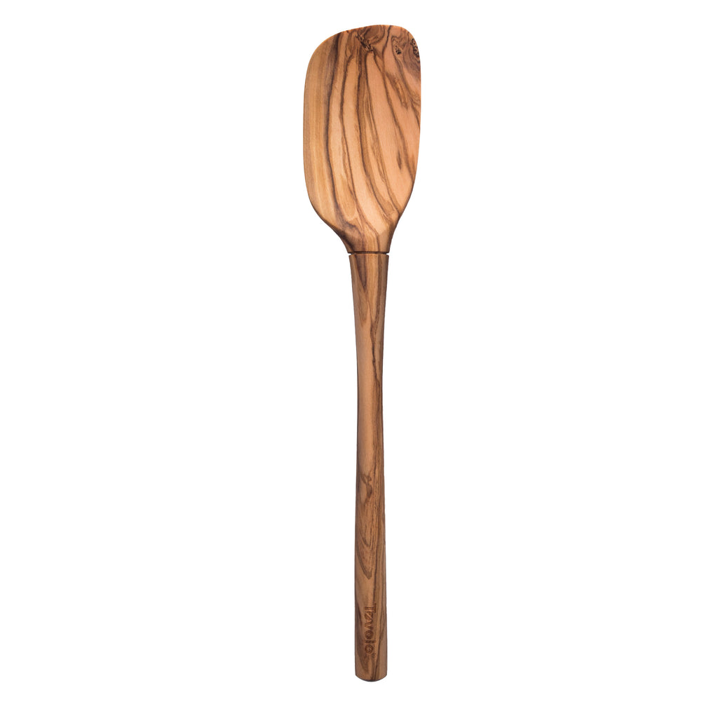 The tovolo Olivewood Spoonula features a smooth, polished finish and distinct wood grain patterns. Designed to be nonstick safe, it is displayed against a white background.
