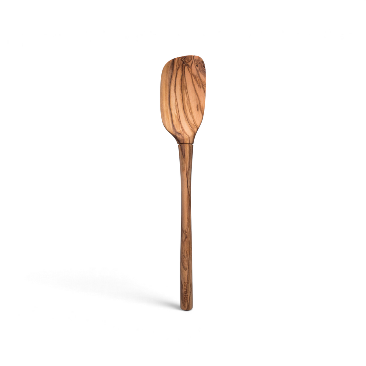 The tovolo Olivewood Spoonula features a smooth, polished finish and distinct wood grain patterns. Designed to be nonstick safe, it is displayed against a white background.
