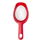 The Scoop and Sift is a red fine mesh kitchen strainer with a single solid handle, ideal for sifting flour or scooping and sifting ingredients, shown on a white background.