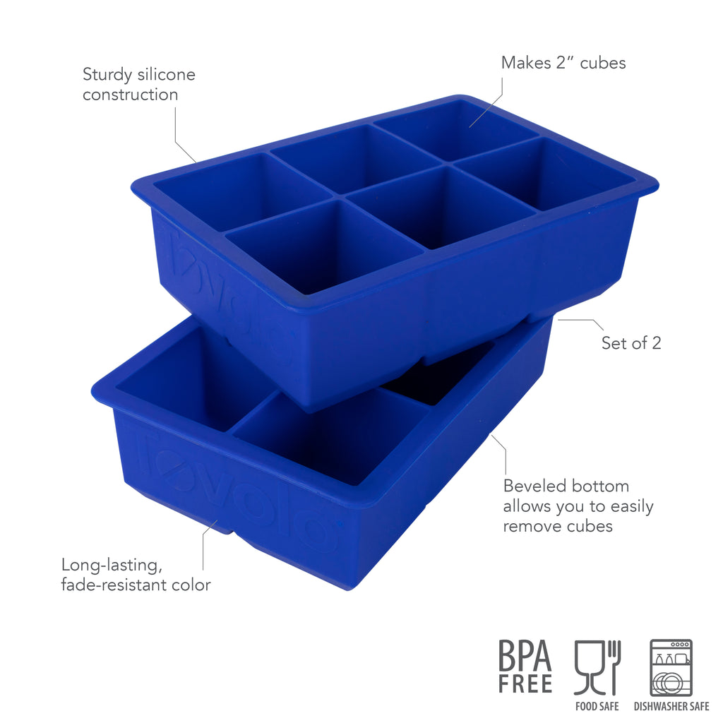 The tovolo King Cube Silicone Ice Molds (Set of 2) feature sturdy, fade-resistant blue silicone and create six 2-inch beveled extra-large cubes per tray. BPA free, food safe, dishwasher safe; trays stack for easy storage.