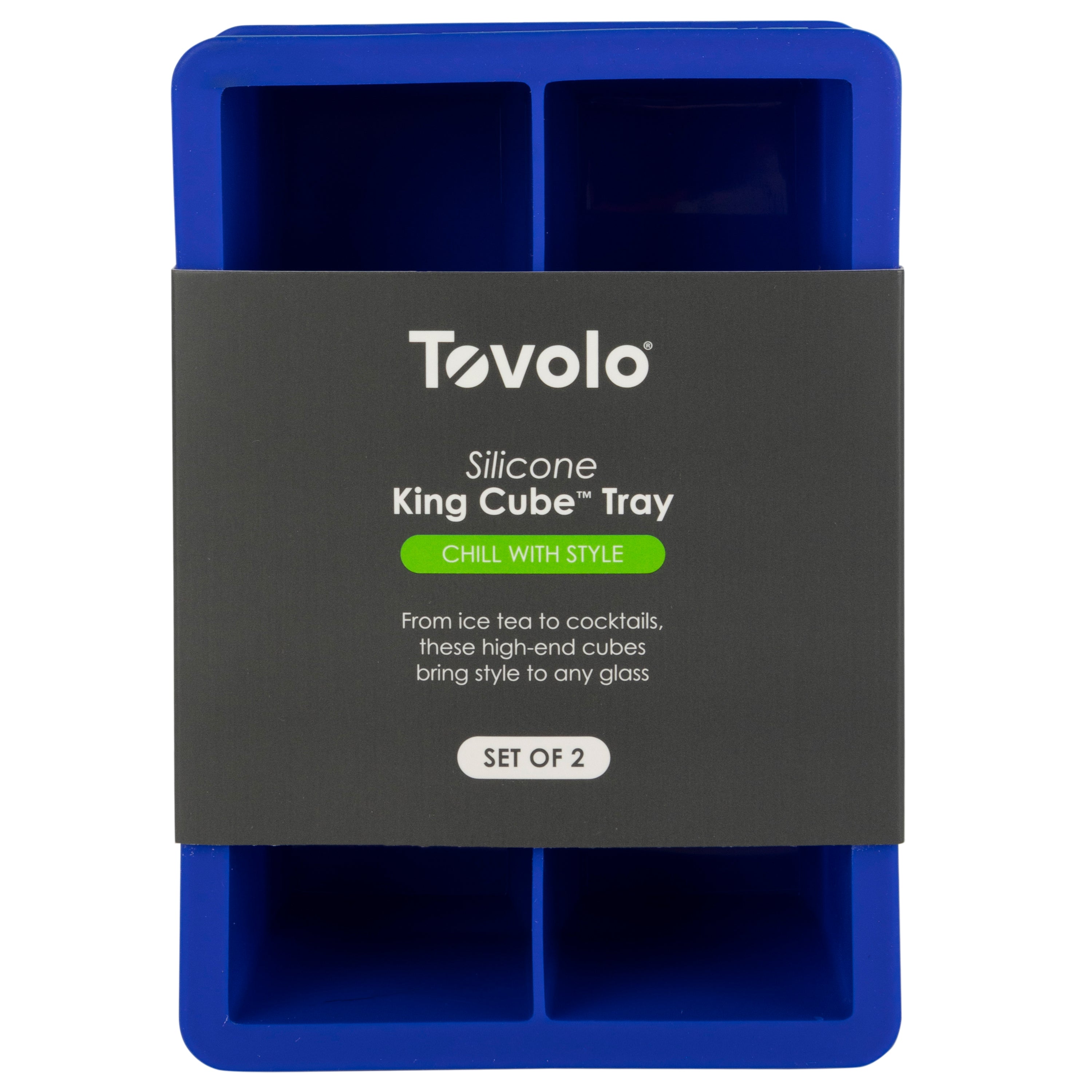 Tovolo King Cube Silicone Ice Molds (Set of 2) create large craft ice cubes, perfect for drinks. Packaging says “Silicone King Cube Tray – Chill With Style.”.