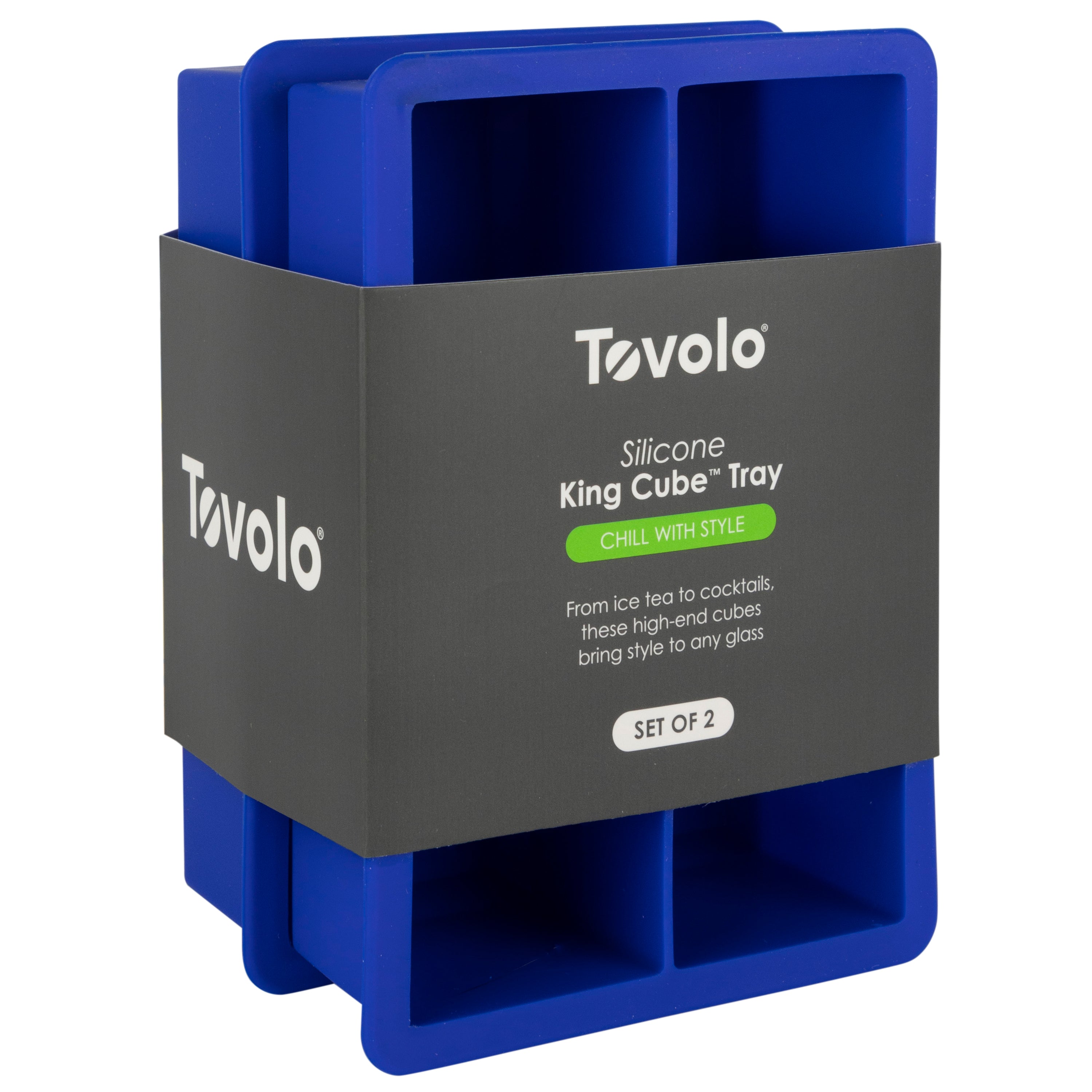 The tovolo King Cube Silicone Ice Molds (Set of 2) in blue, packaged with a gray sleeve, make extra-large ice cubes ideal for craft cocktails and long-lasting cold drinks.