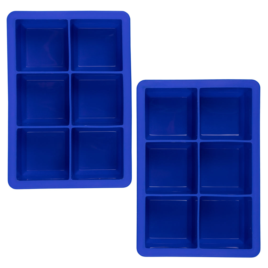 Two blue tovolo King Cube Silicone Ice Molds (set of 2), each featuring six large square compartments for craft ice, are displayed on a white background.