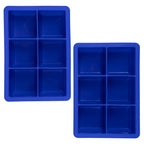 Two blue tovolo King Cube Silicone Ice Molds (set of 2), each featuring six large square compartments for craft ice, are displayed on a white background.