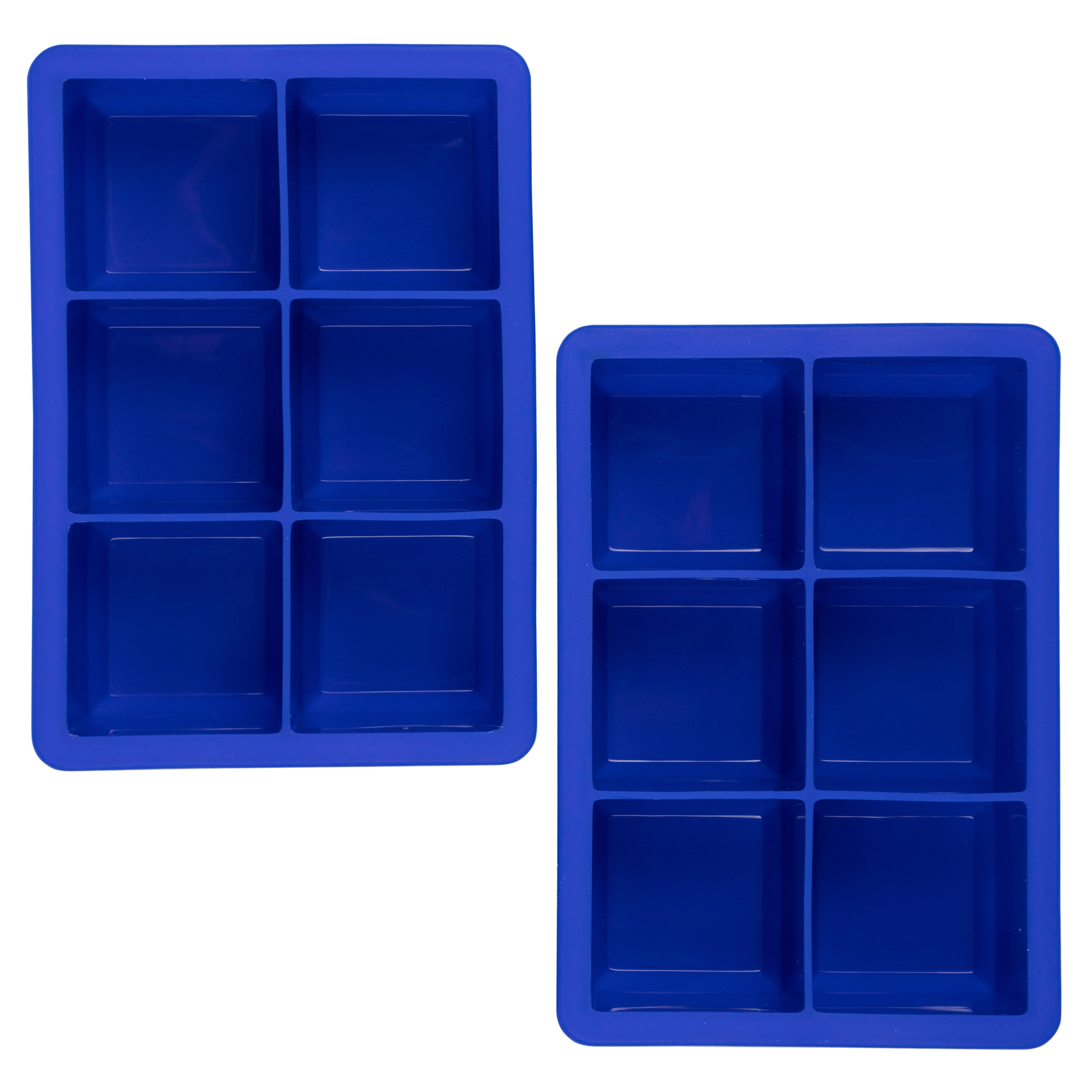 Two blue tovolo King Cube Silicone Ice Molds (set of 2), each featuring six large square compartments for craft ice, are displayed on a white background.