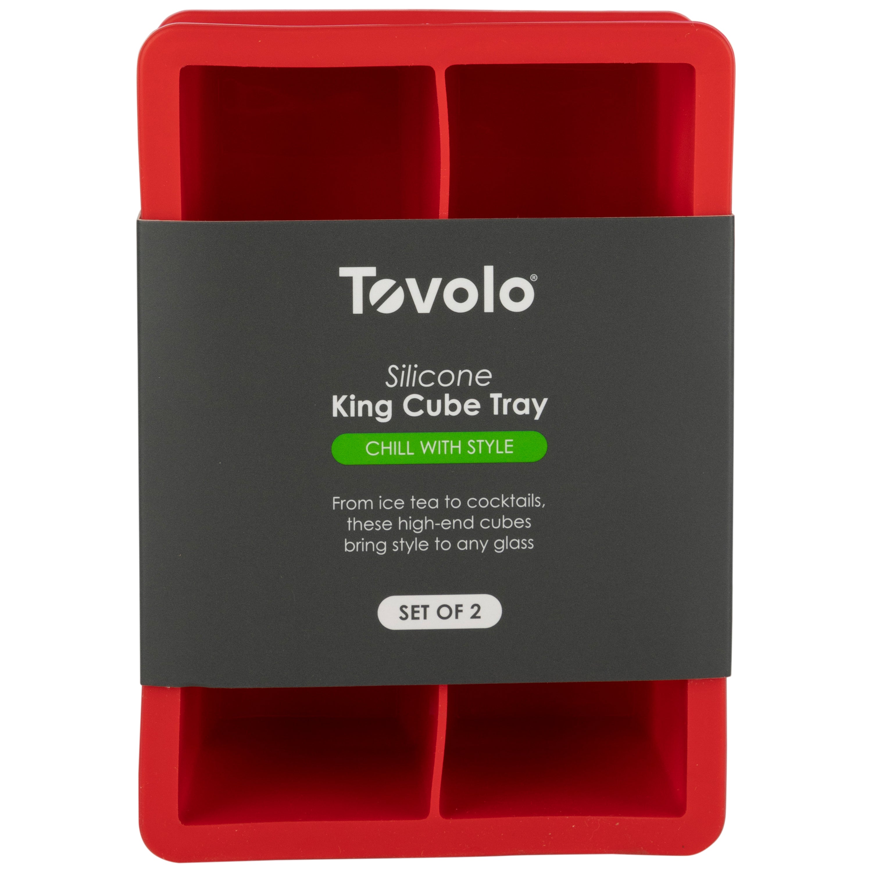 The tovolo King Cube Silicone Ice Molds (Set of 2), in red, create large craft ice cubes for stylish drinks and come packaged with “Silicone King Cube Tray” and “Chill With Style” in green.