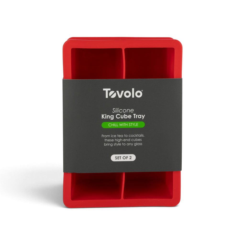The tovolo King Cube Silicone Ice Molds (Set of 2), in red, create large craft ice cubes for stylish drinks and come packaged with “Silicone King Cube Tray” and “Chill With Style” in green.