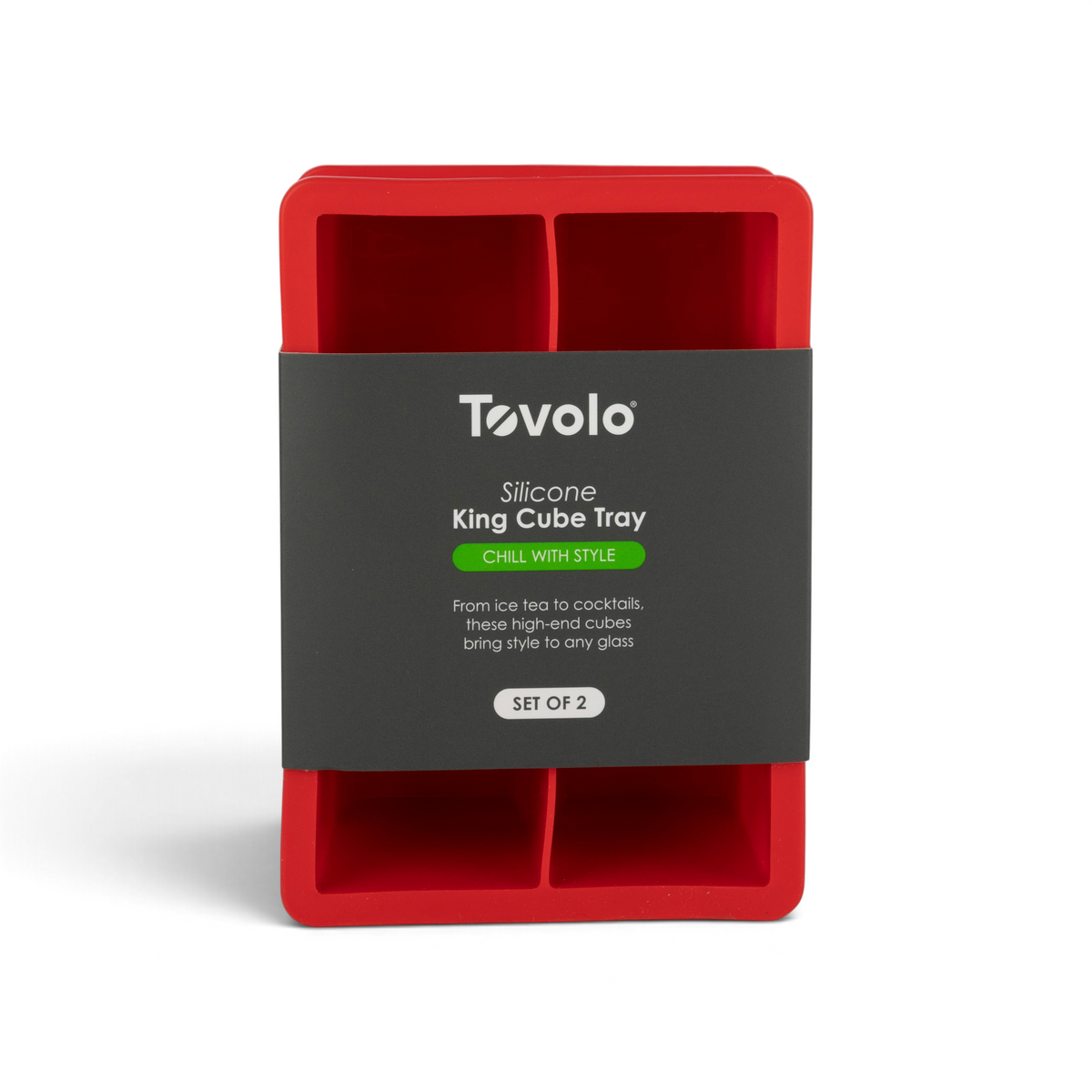 The tovolo King Cube Silicone Ice Molds (Set of 2), in red, create large craft ice cubes for stylish drinks and come packaged with “Silicone King Cube Tray” and “Chill With Style” in green.