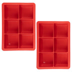The tovolo King Cube Silicone Ice Molds (Set of 2) feature six large square compartments each, perfect for making craft ice cubes. The red trays are set against a white background, ideal for creating large ice cubes at home.