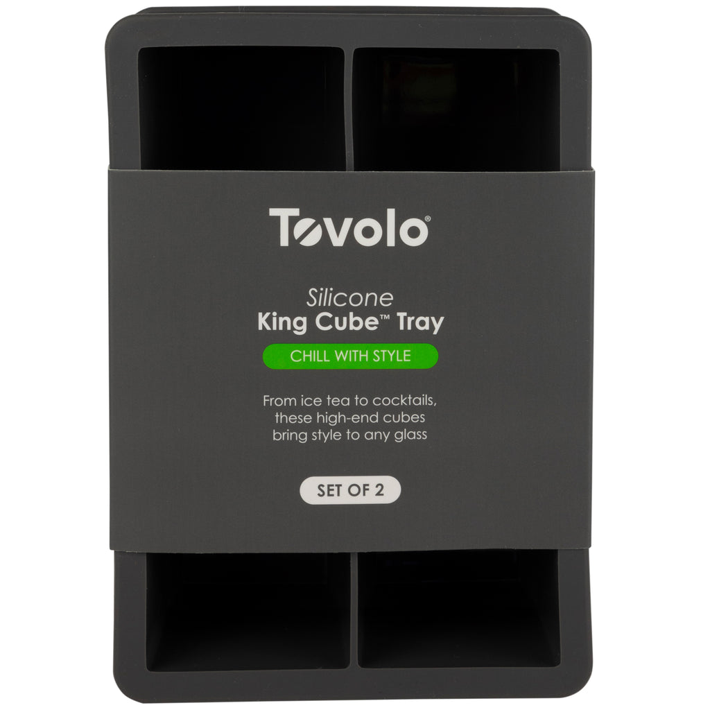 Tovolo King Cube Silicone Ice Molds (Set of 2) in black, packaged with a gray sleeve labeled “Silicone King Cube Tray, Chill With Style.” Each tray creates extra-large ice cubes ideal for impressive cocktails.