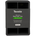 Tovolo King Cube Silicone Ice Molds (Set of 2) in black, packaged with a gray sleeve labeled “Silicone King Cube Tray, Chill With Style.” Each tray creates extra-large ice cubes ideal for impressive cocktails.