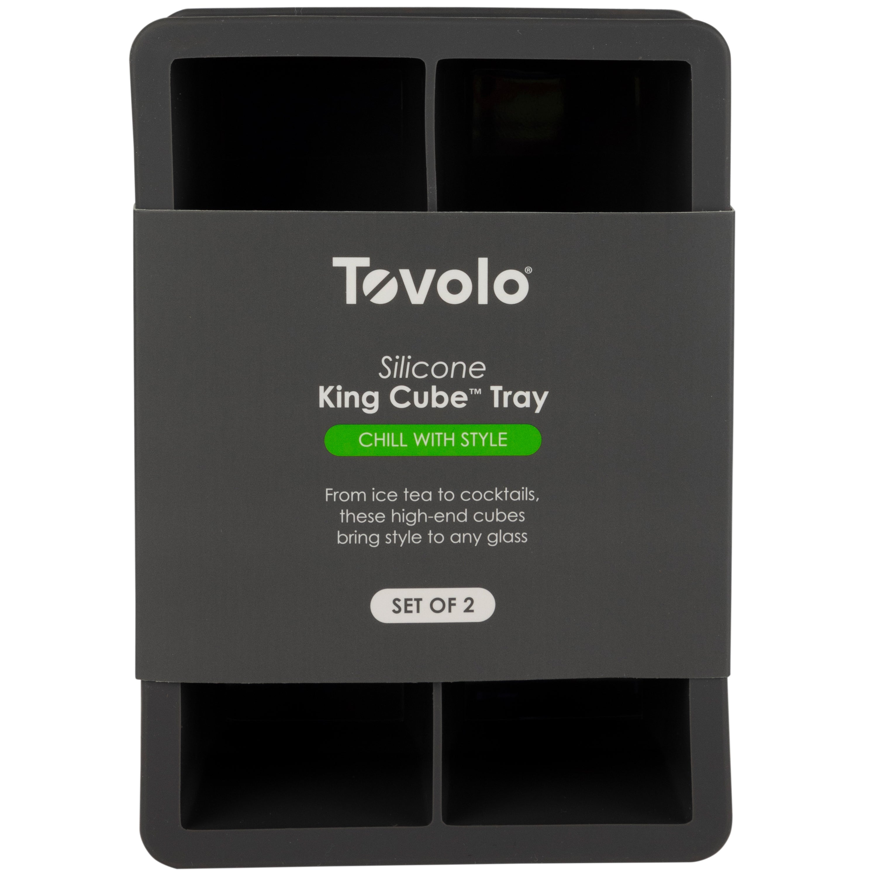 Tovolo King Cube Silicone Ice Molds (Set of 2) in black, packaged with a gray sleeve labeled “Silicone King Cube Tray, Chill With Style.” Each tray creates extra-large ice cubes ideal for impressive cocktails.