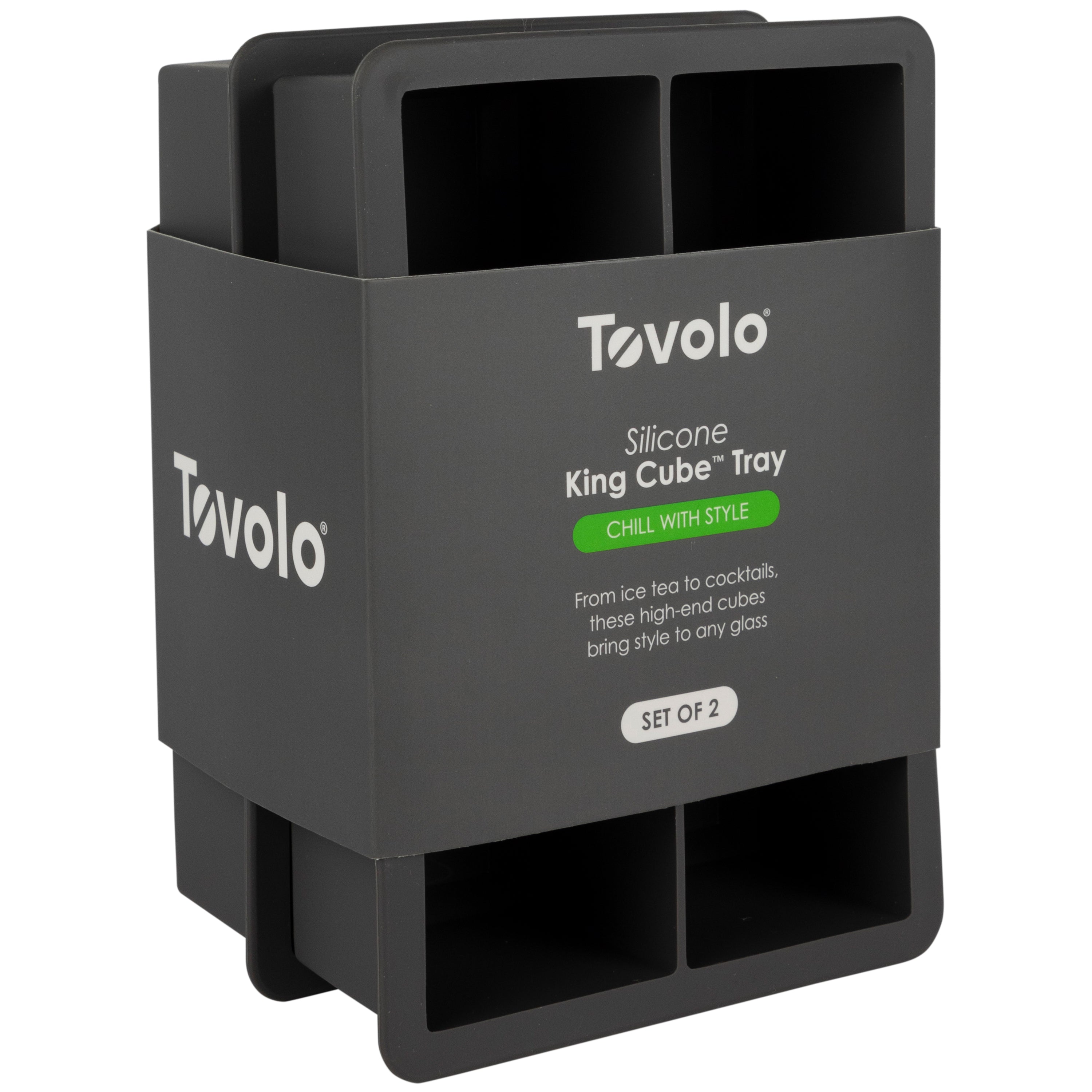 A black tovolo King Cube Silicone Ice Molds (Set of 2) box holds two silicone trays. The label reads "CHILL WITH STYLE" and "Set of 2," ideal for making extra-large ice cubes for stylish, refreshing drinks.