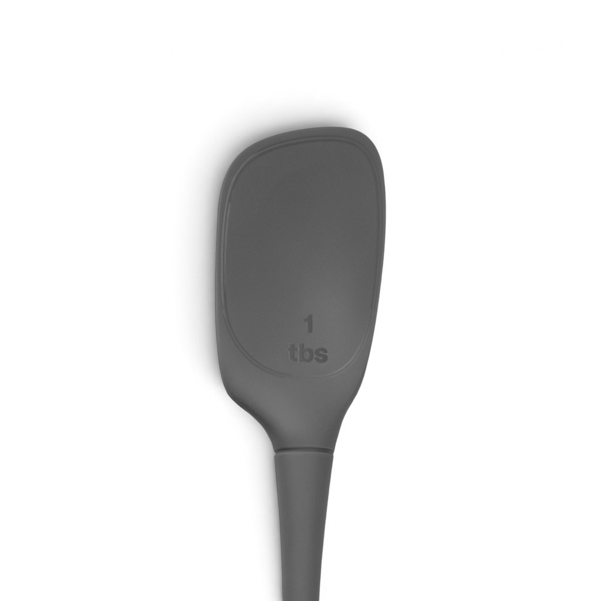 The tovolo Flex-Core Silicone Deep Spoonula features a gray flat, rectangular head embossed with "1 tbs" for easy measuring and a smooth, tapered handle—ideal for cooking and serving.