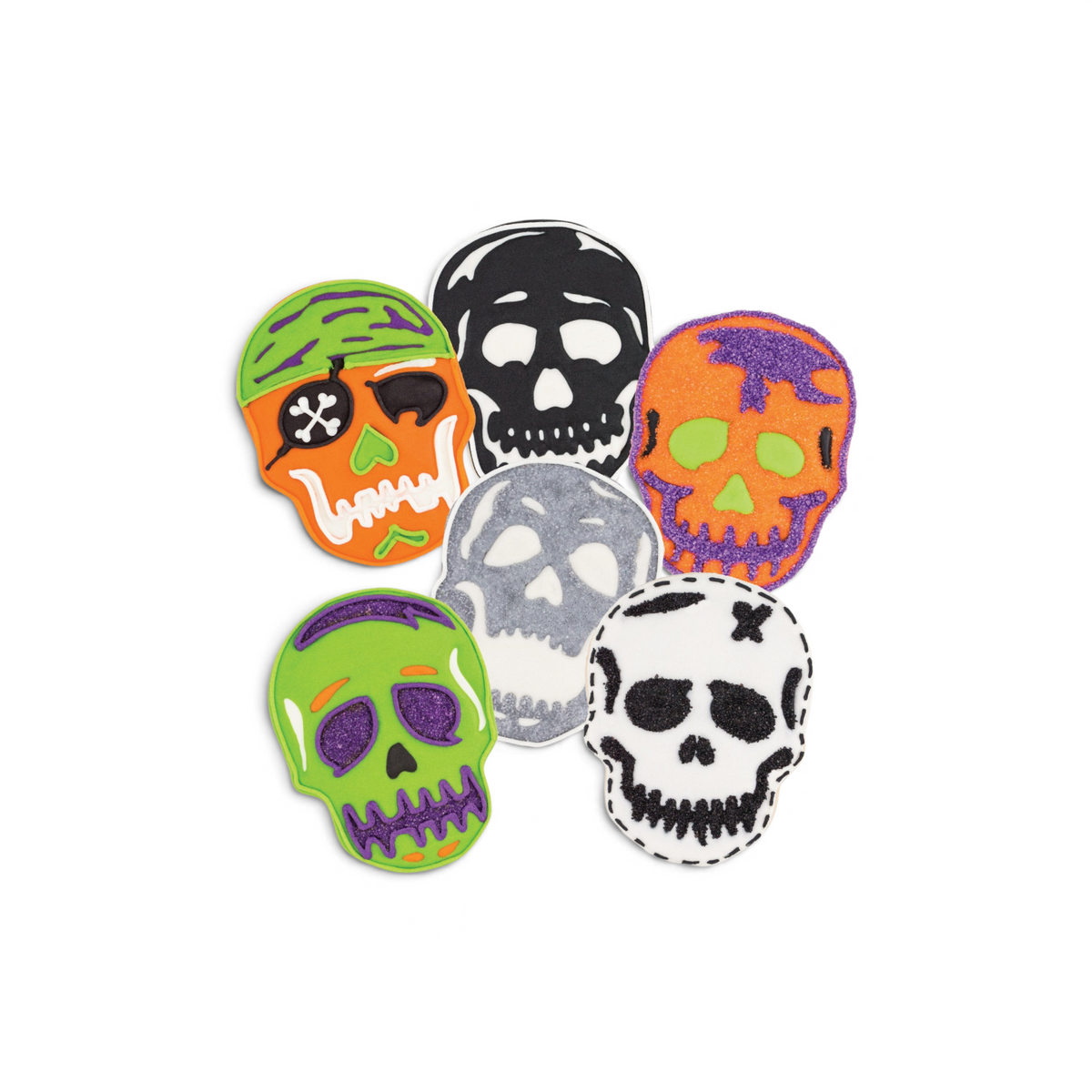 Six colorful skull-shaped cookies—orange, green, black, white, and purple—made with Skull Cookie Cutters are arranged together. Each cookie looks like a festive Halloween skull, crafted with the care of Christmas or gingerbread treats.