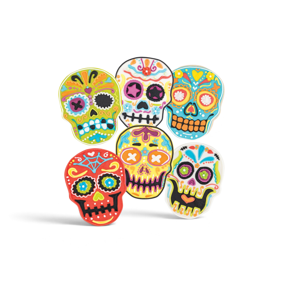 Six vibrant sugar skull cookies, made with Skull Cookie Cutters, are arranged on a white background—their colorful icing and Día de los Muertos-inspired patterns offer a festive twist reminiscent of classic holiday cookie designs.