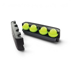 The Sphere Clear Ice Mold features a black foam container with an ice tray that creates four bright green, dome-shaped spheres. Its lid, designed for easy freezer stacking, is shown resting to one side.