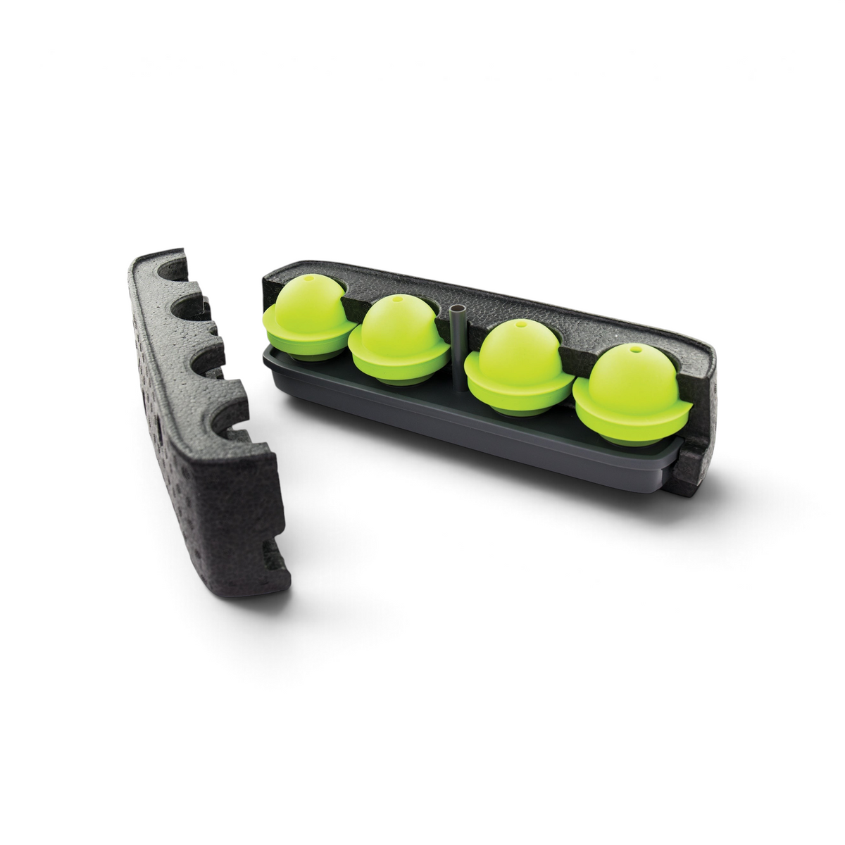 The Sphere Clear Ice Mold features a black foam container with an ice tray that creates four bright green, dome-shaped spheres. Its lid, designed for easy freezer stacking, is shown resting to one side.