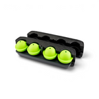 The Sphere Clear Ice Mold features a black and green design with four compartments for bar-quality ice balls. Green lids top the black mold, which is shown open for easy stacking and convenient use in your freezer.