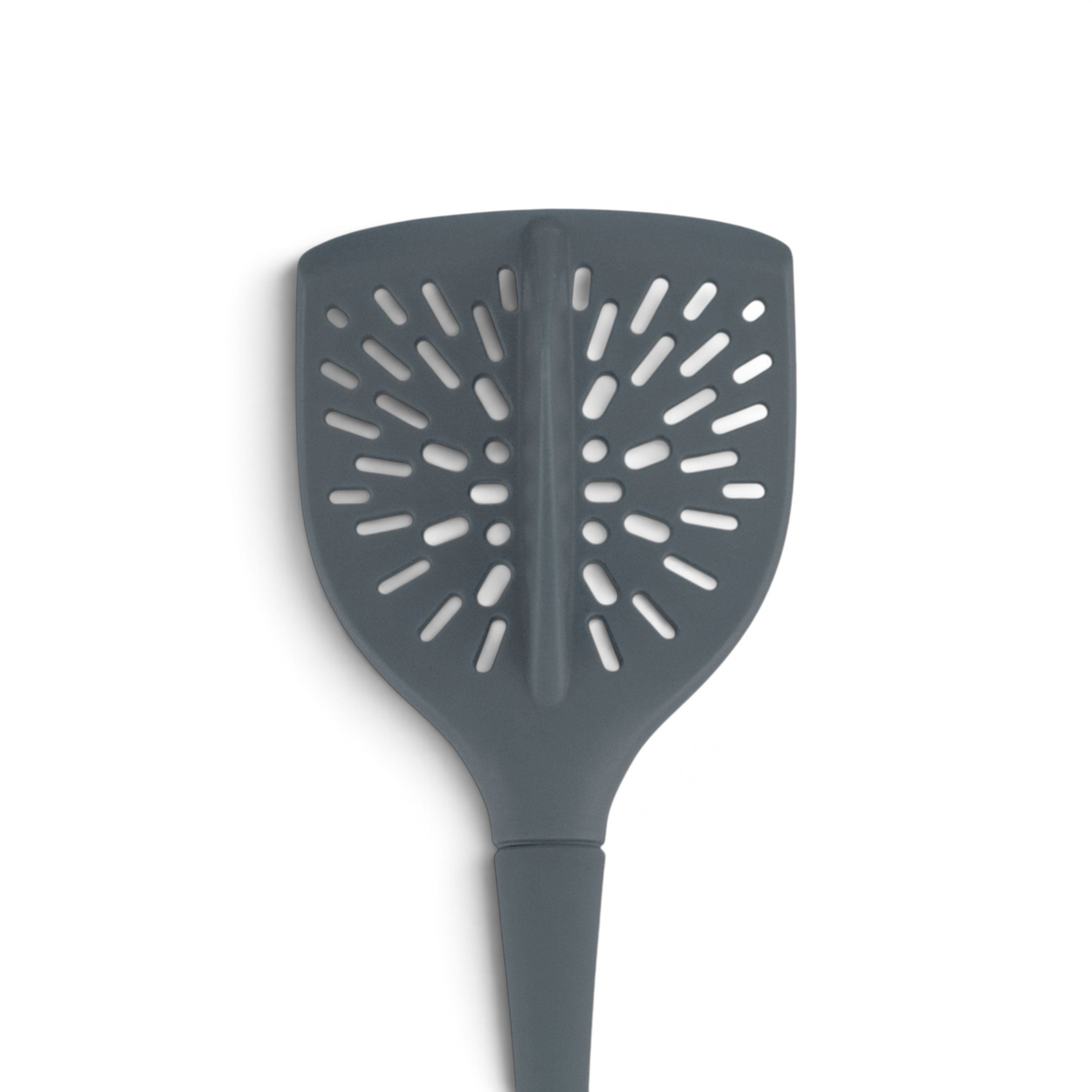 A close-up of the Ground Meat Tool—a gray non-stick safe utensil with a flat, wide head, oval and straight holes for draining, and a straight handle, perfect for handling delicate foods.