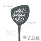 The Roasted Veggie Tool is a black silicone non-stick spatula with a wide head for scooping veggies, a raised edge to prevent spills, and a non-slip handle. It's BPA-free, food safe, dishwasher safe, and heat resistant up to 400°F.