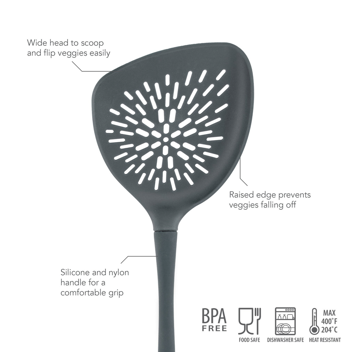 The Roasted Veggie Tool is a black silicone non-stick spatula with a wide head for scooping veggies, a raised edge to prevent spills, and a non-slip handle. It's BPA-free, food safe, dishwasher safe, and heat resistant up to 400°F.