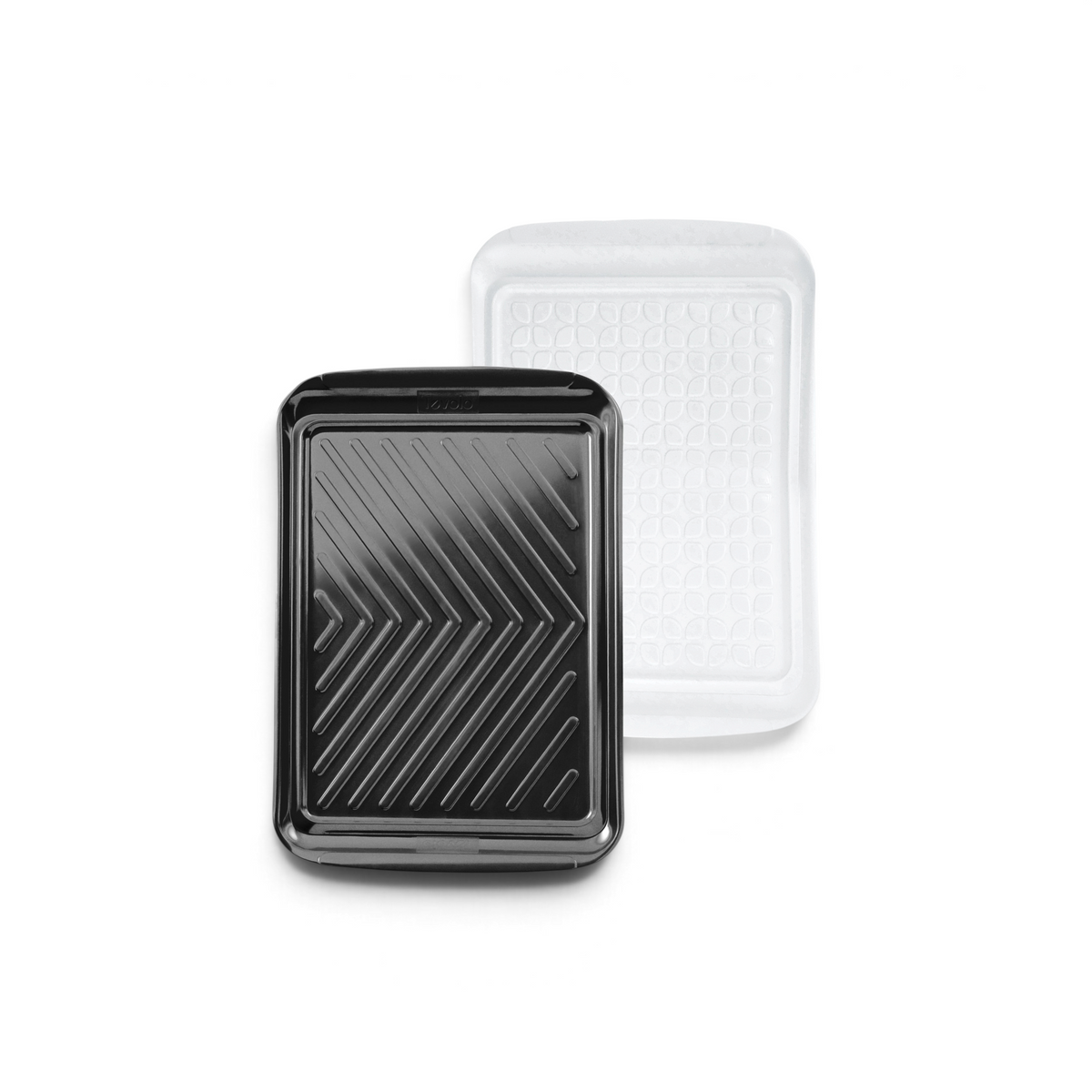 The Prep and Serve BBQ Tray is shown on two car floor mats: one black with a diagonal groove pattern and one translucent with a circular texture—perfect for grill masters to prevent contamination when transporting BBQ trays.