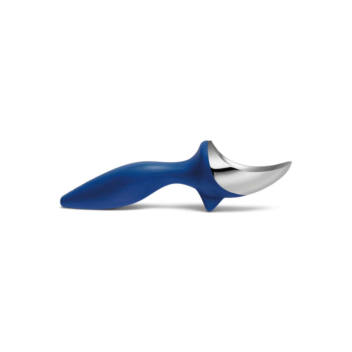 The Tilt Up Ice Cream Scoop is made from durable zinc alloy, with a curved ergonomic blue handle and a shiny rounded blade for easy scooping.