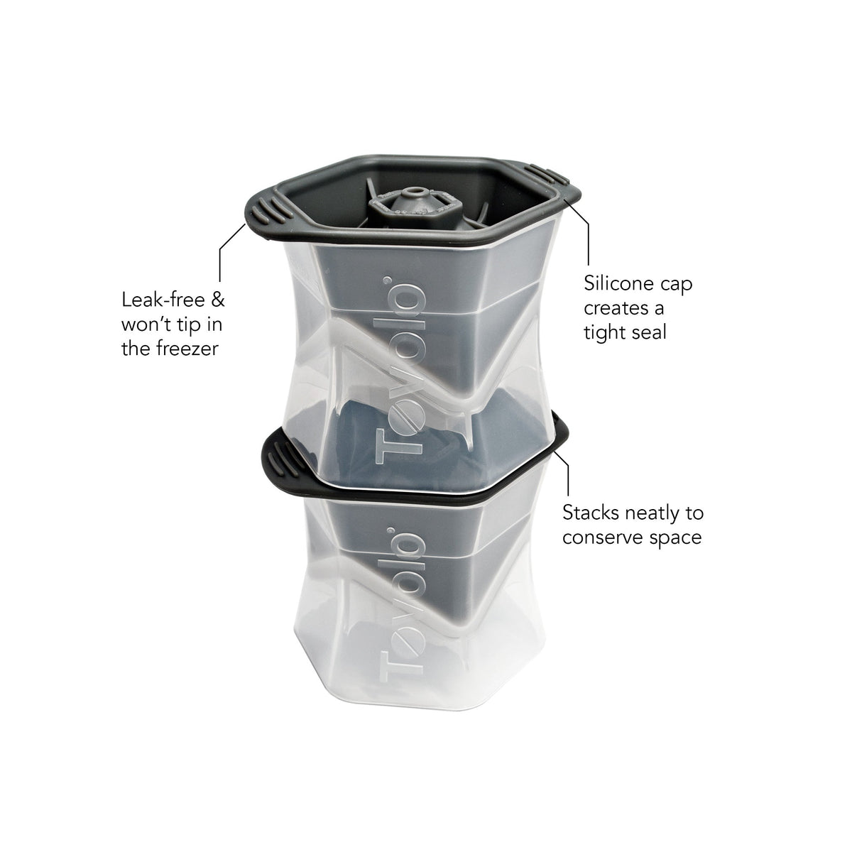The tovolo Sphere Ice Molds (Set of 2) feature transparent silicone, a tight-sealing cap for leak-free use, slow melting ice cubes, and stack neatly for space-saving convenience.