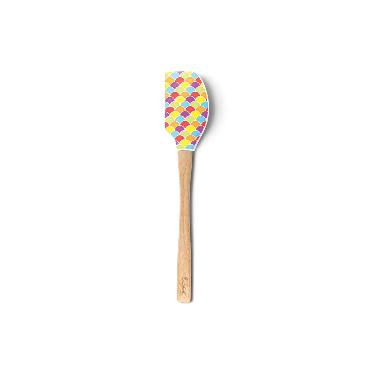 The Kitchen Hacks Spatulart is a colorful silicone spatula with a light brown wooden handle and a vibrant scallop pattern in red, pink, yellow, blue, and green—perfect for adding cheerful style to your baking.